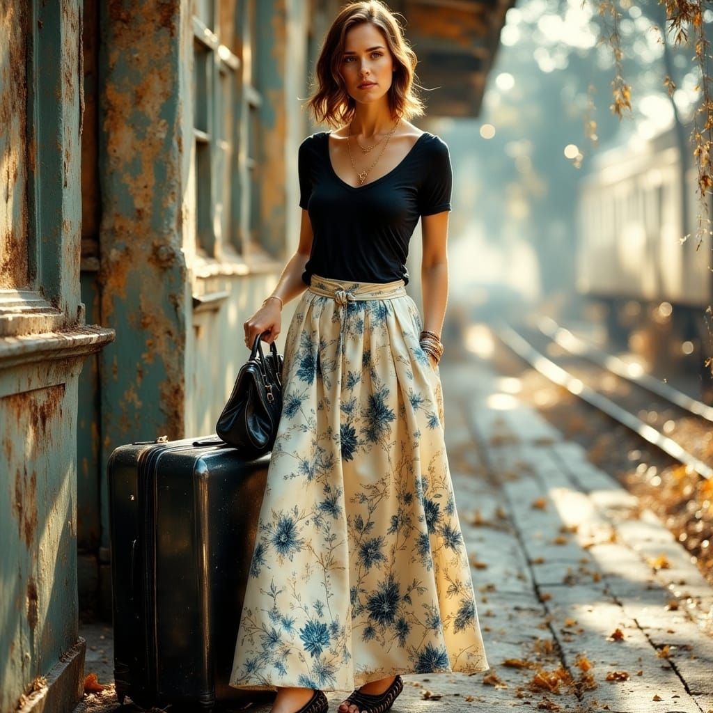 Woman with Floral Skirt at Train Station