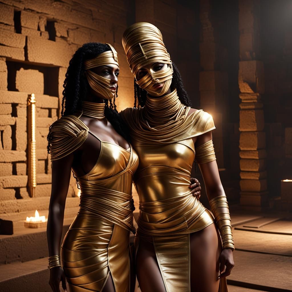 A Mistress in látex and heels wraps their woman submissive partner with basic cloth, wire and bandages all body and fac...