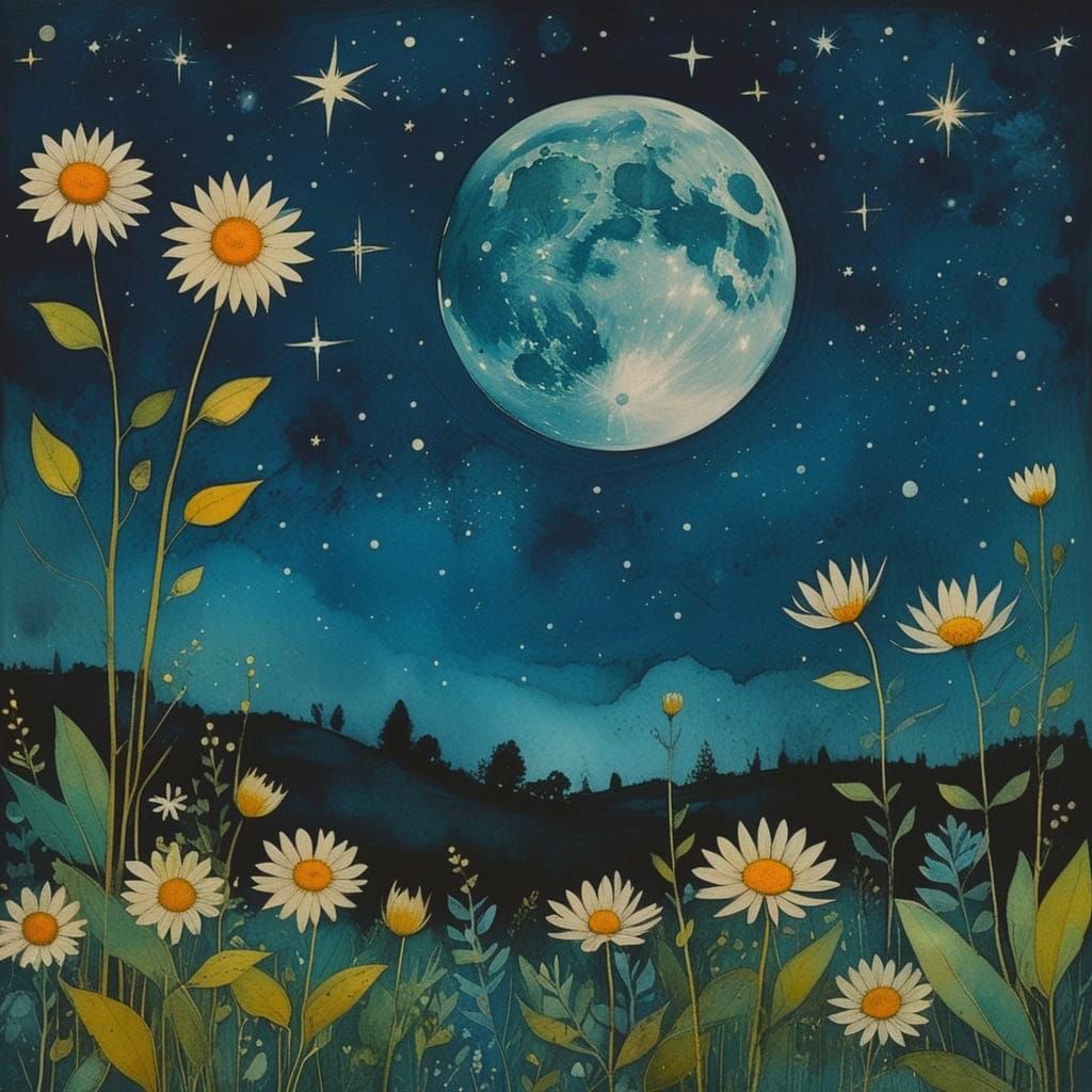 Celestial Midnight Botanical Aquarelle Art