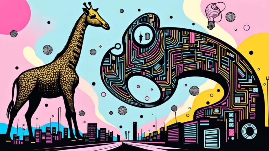 Giraffe on Circuit Board with Abstract Symbols