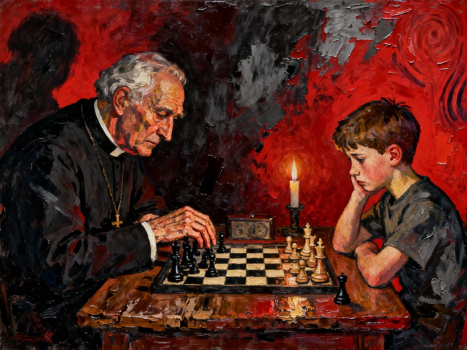 Expressionist Chess Game: Priest and Boy in Sadness