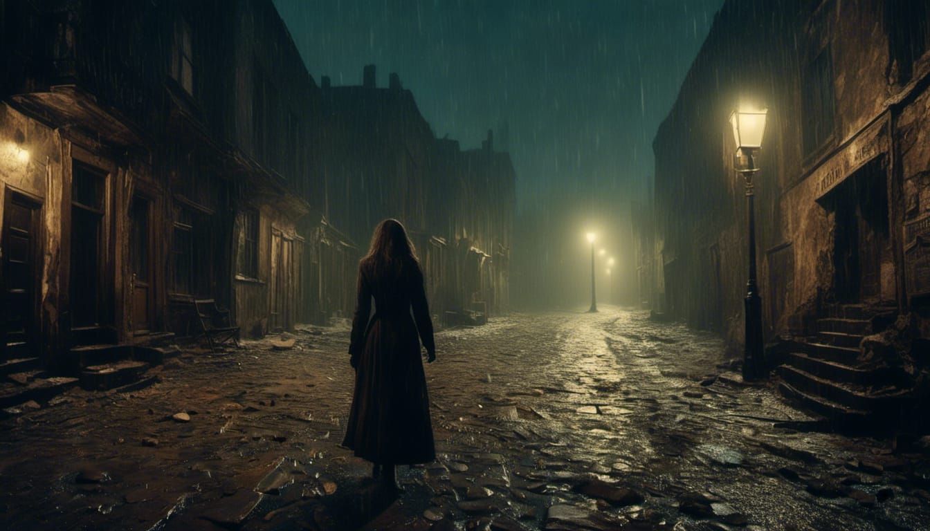 Macabre Night Scene: Woman Walks on Empty Street