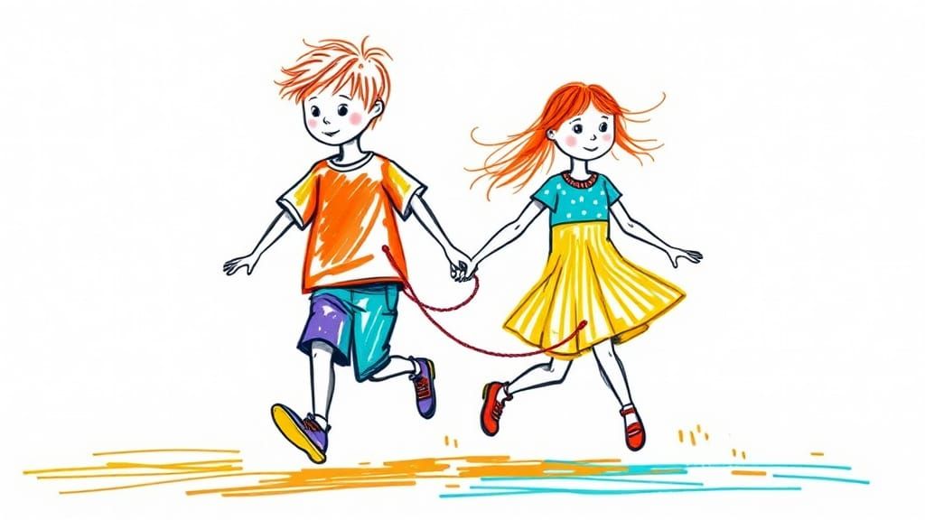 Children Running with Dog in Whimsical Crayon Style