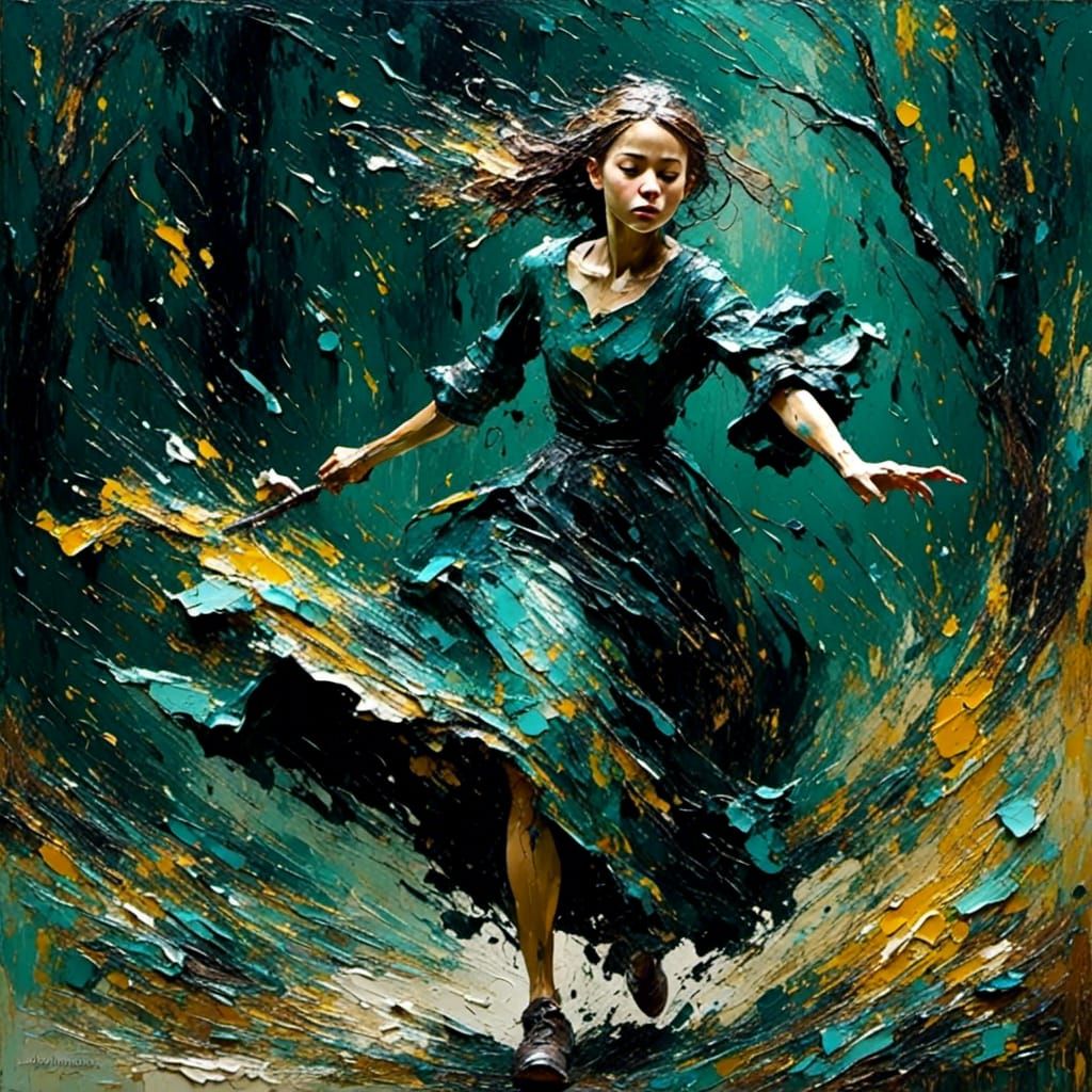 Young Witch Races Through Dark Forest as Impasto Painting