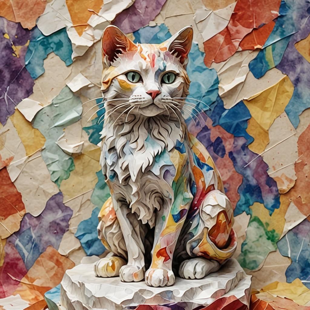 Elegant Marble Cat Sculpture in Watercolor Style