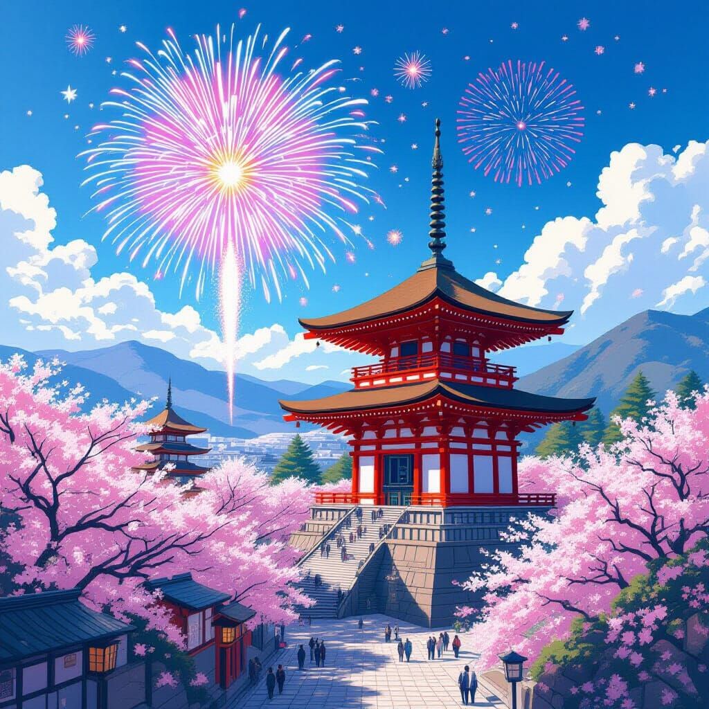 Kiyomizu-dera Temple with Cherry Blossoms and Fireworks