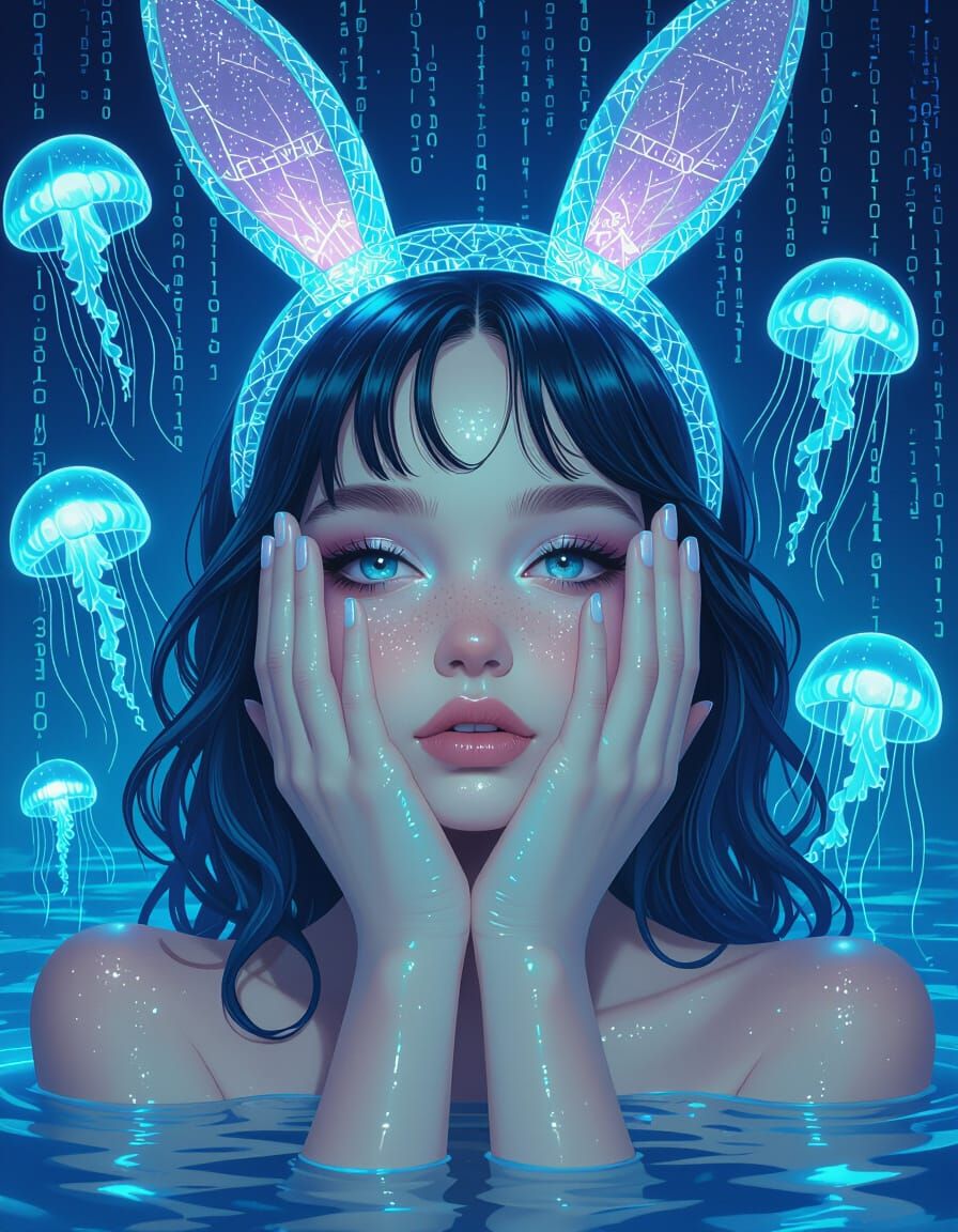 Dreamy Girl with Holographic Ears in Digital Sea