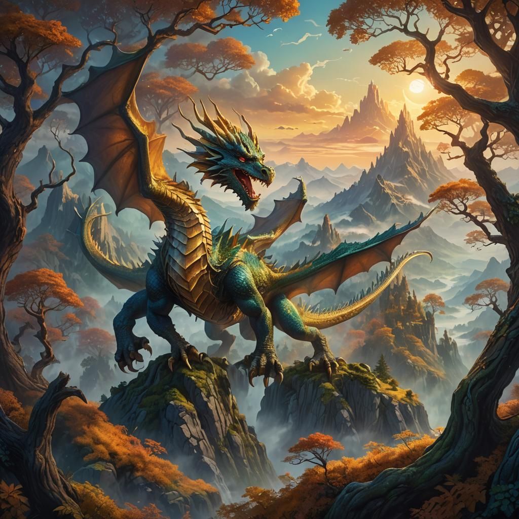 Dragon Soaring Over Misty Mountains in Fantasy Landscape