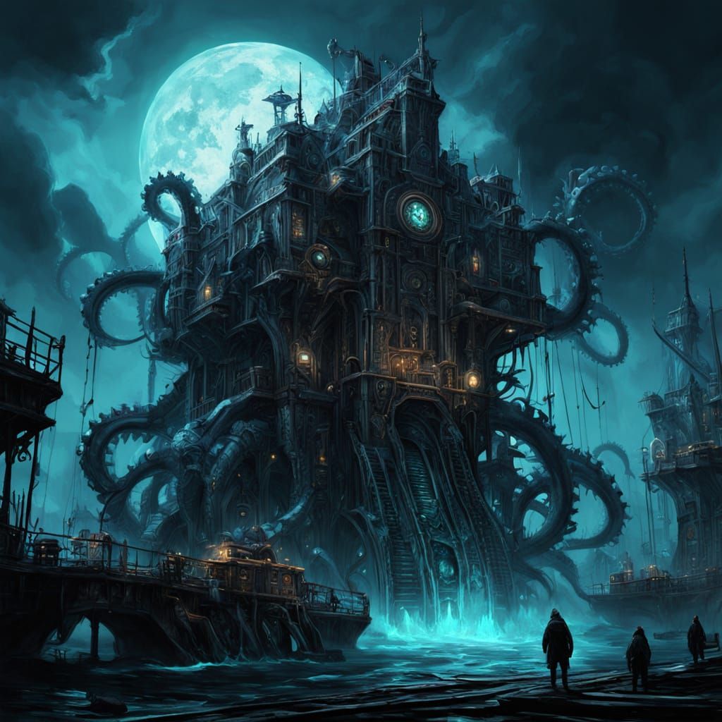 Clockwork Kraken Rises from Gothic Harbor in Biomechanical S...