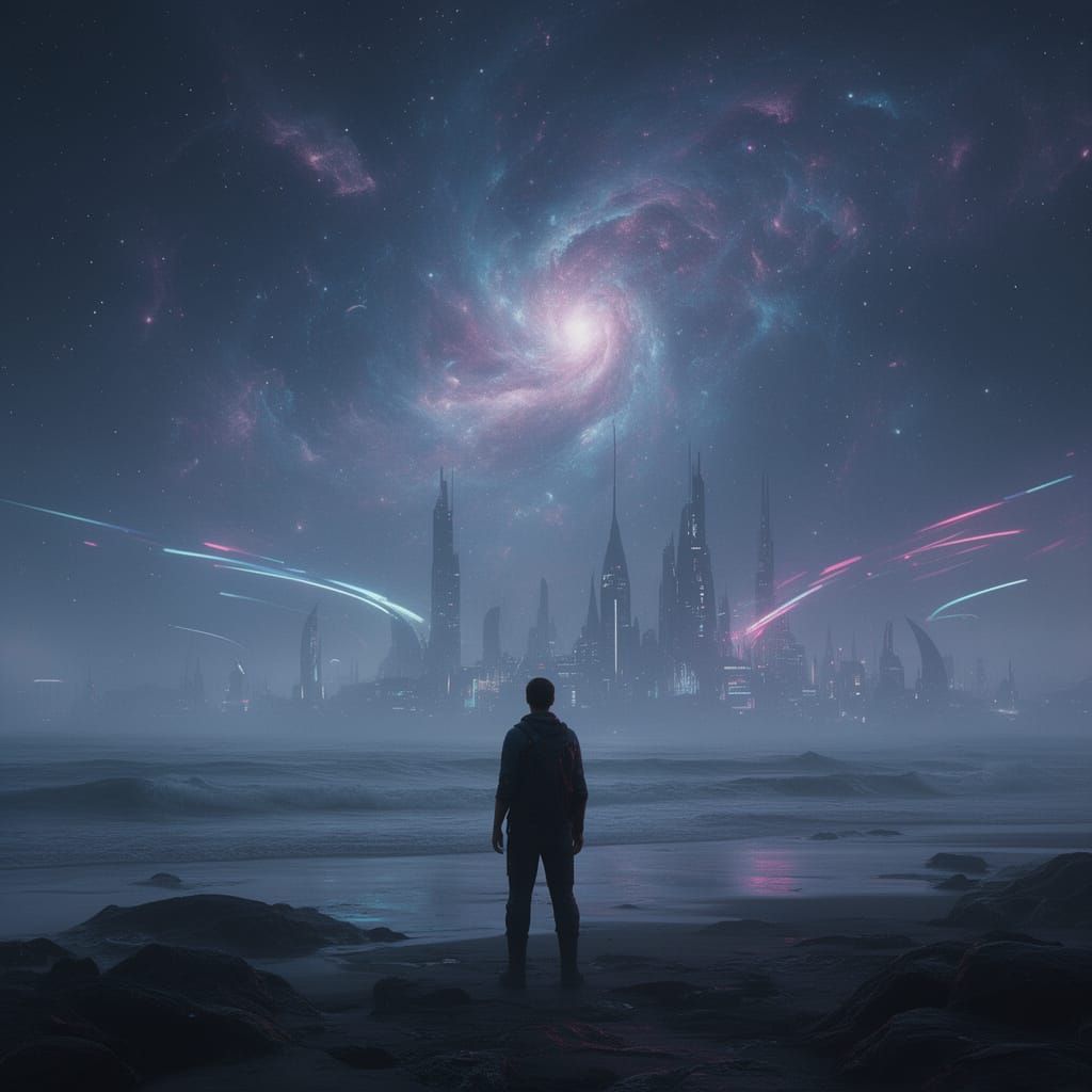 Alien Shoreline Under Nebula Sky Concept Art