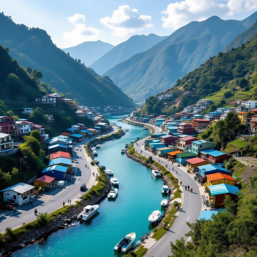 Hyperrealistic Canal Between Contrasting Mountains