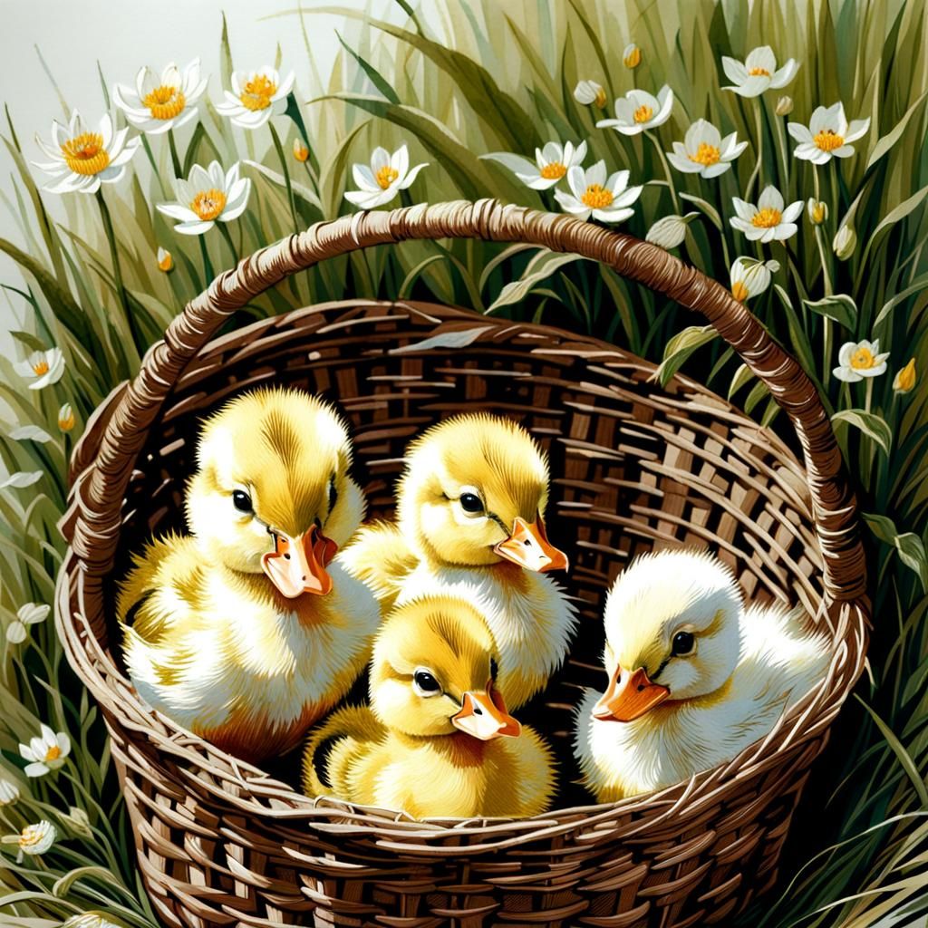 Ducklings in Basket as Detailed Embroidery