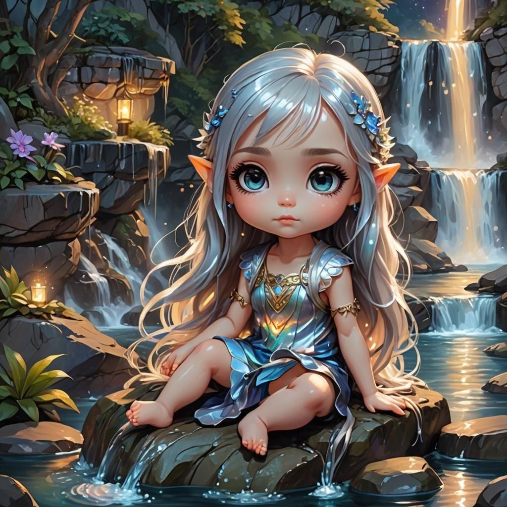 Chibi Fae at Waterfall: Vibrant Oil Painting