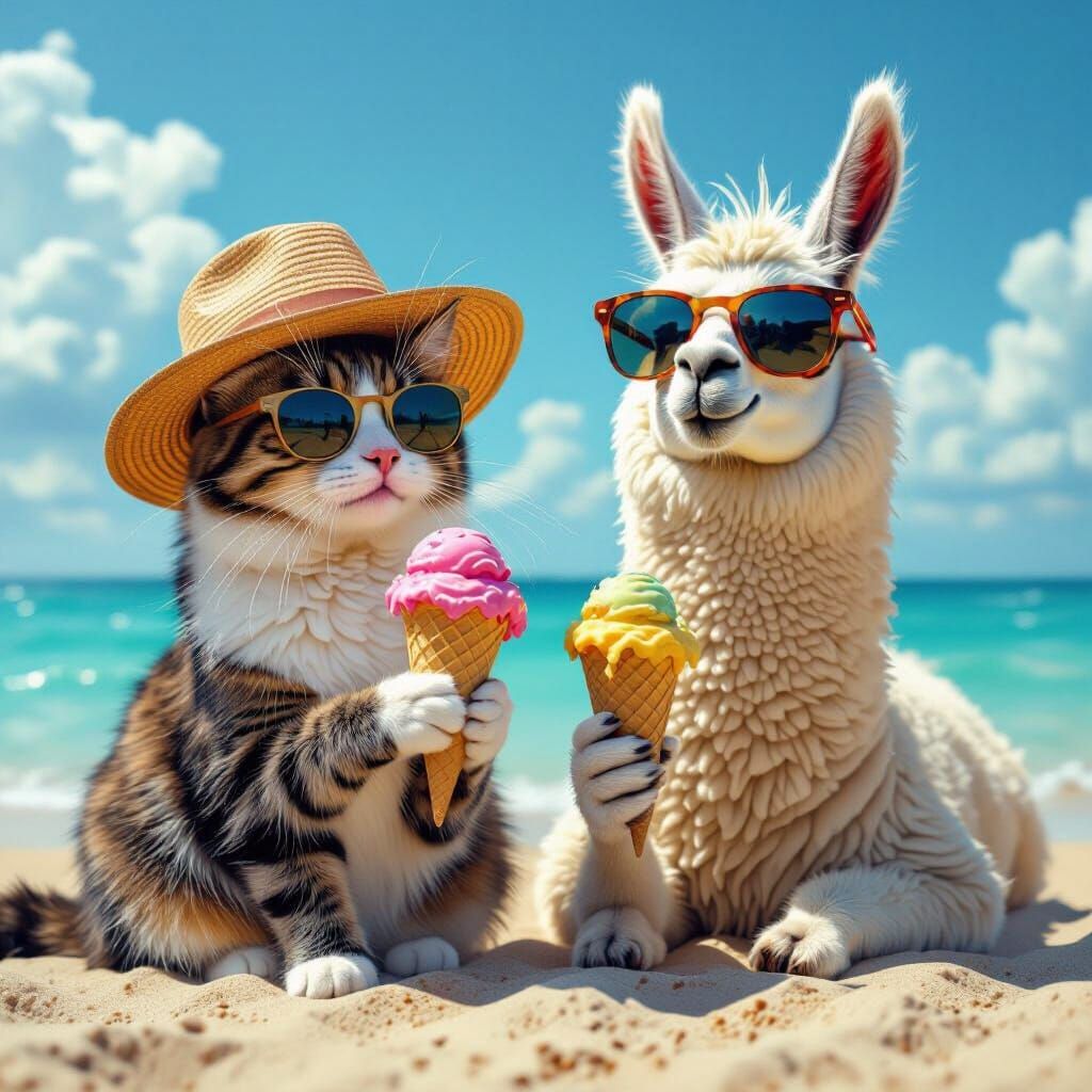 Cat and Llama Beach Day: Hyperrealistic Digital Art