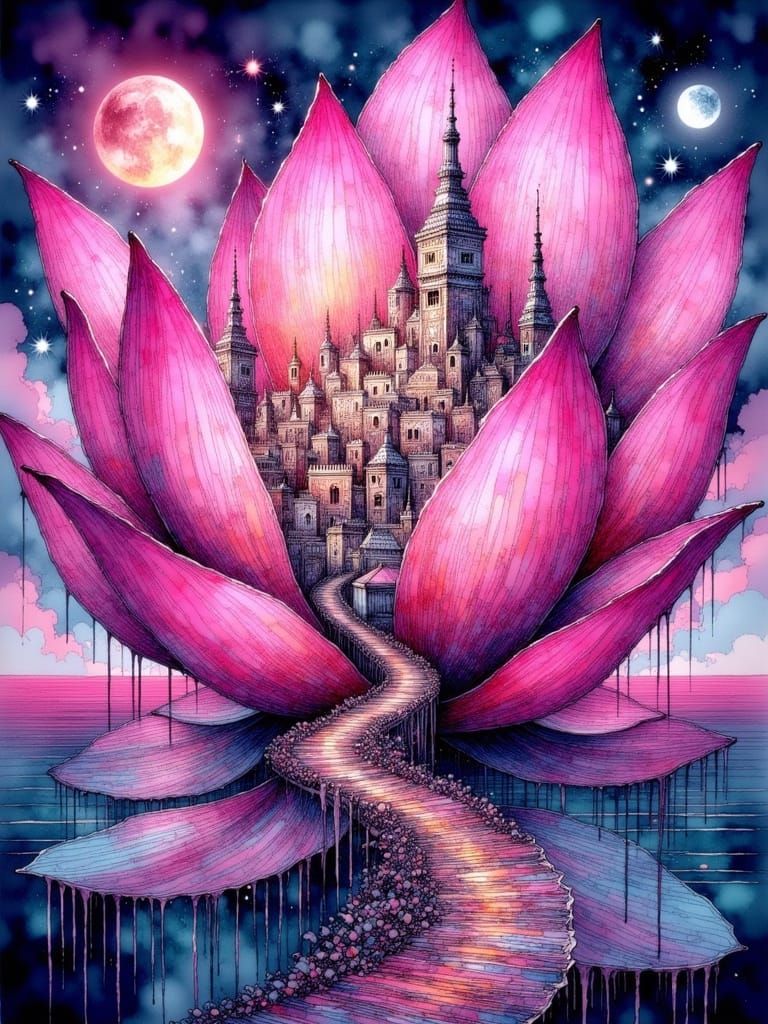 City Within Giant Lotus Flower, Abstract Vector Fractal Patt...