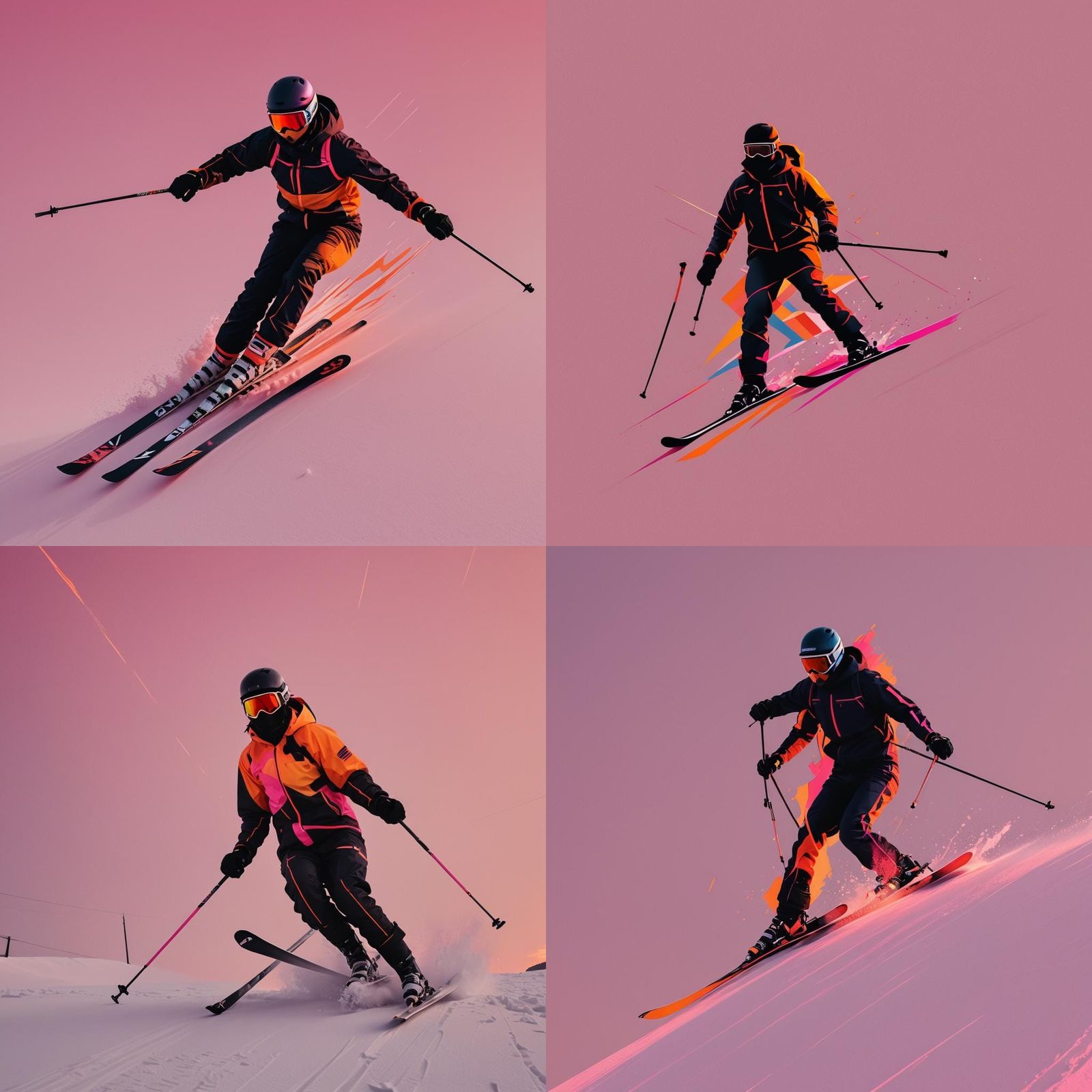 Skier Silhouette Against Neon Sunset: Pop Art Style