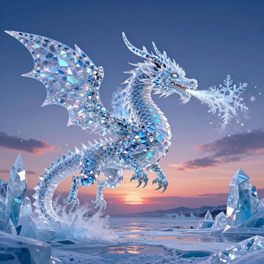 Crystalline Snowflake Dragon Soars Through Twilight Sky