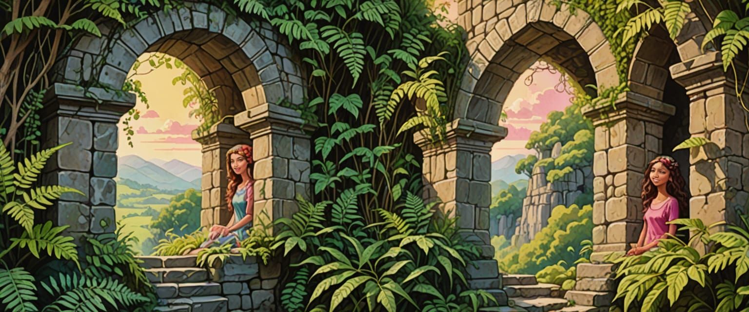 Whimsical Comic Book Fantasy with Smiling Stone Faces