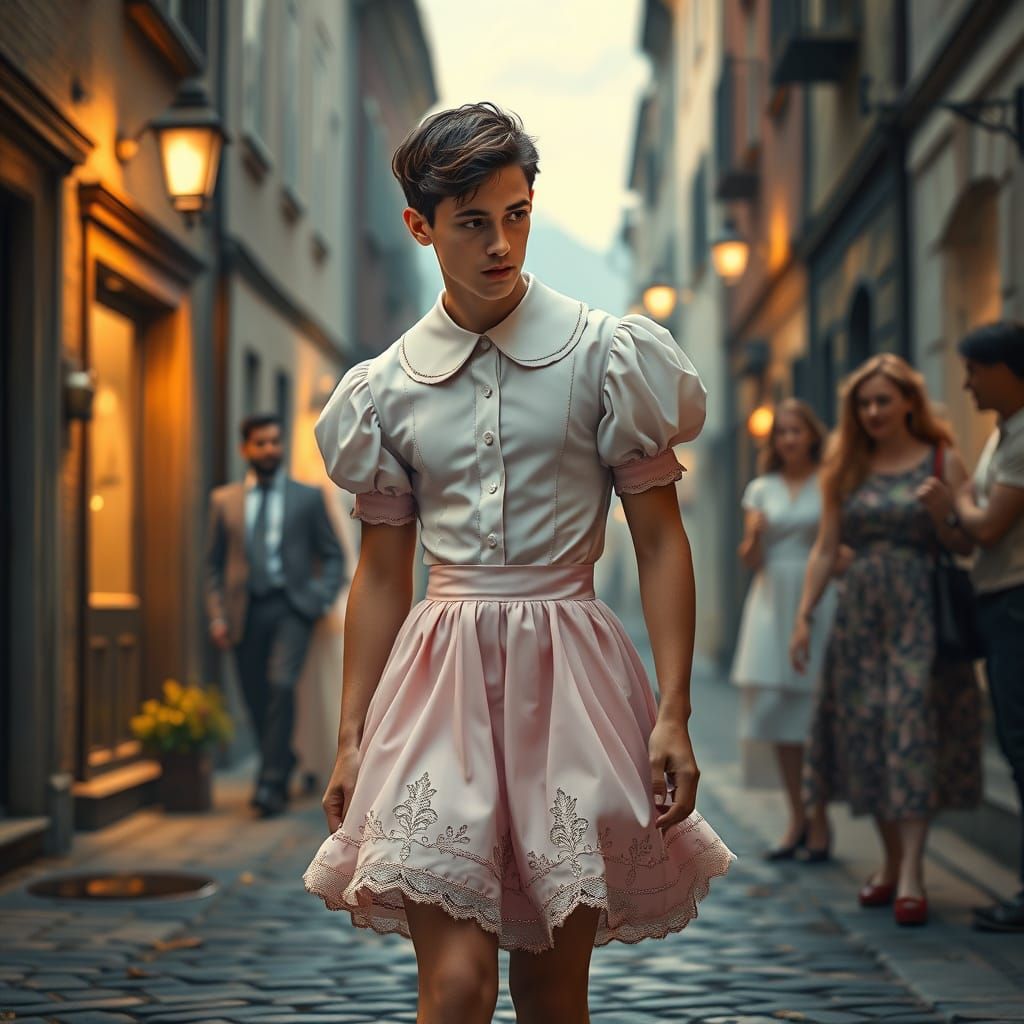 Elegant Young Man in Whimsical Victorian-Inspired Dress