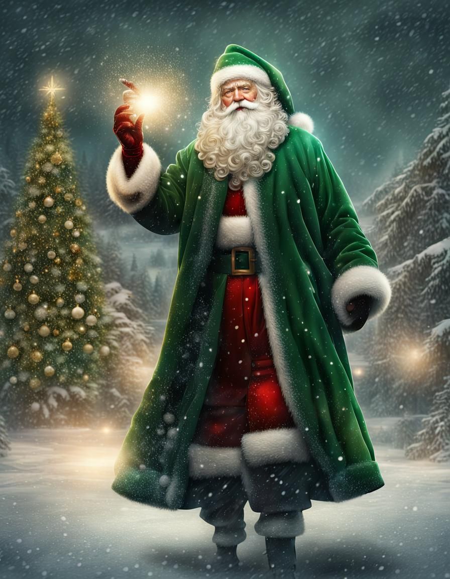 Santa Claus in Green Velvet Coat in Snowy Scene
