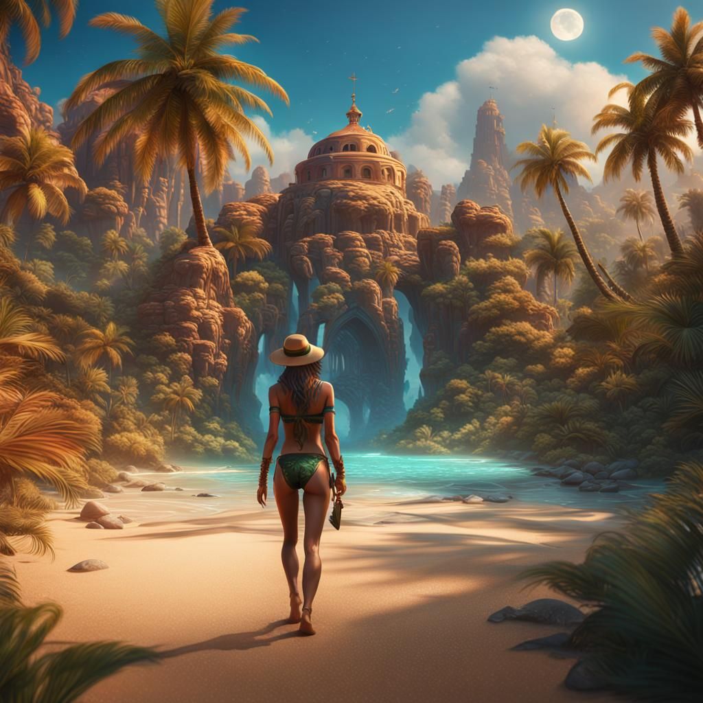 Bikini Model Under Palm Tree: Fantasy Concept Art