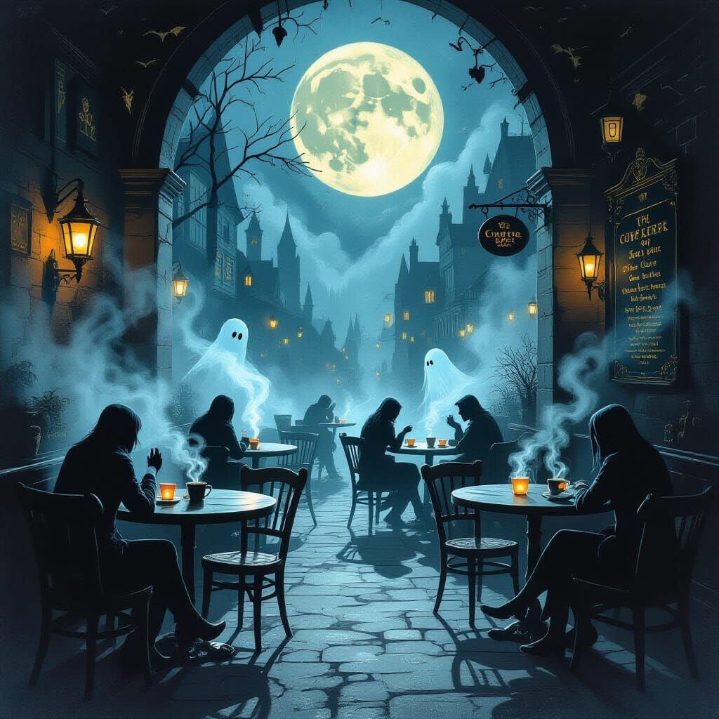 Eerie Moonlit Coffeehouse with Glowing Mugs