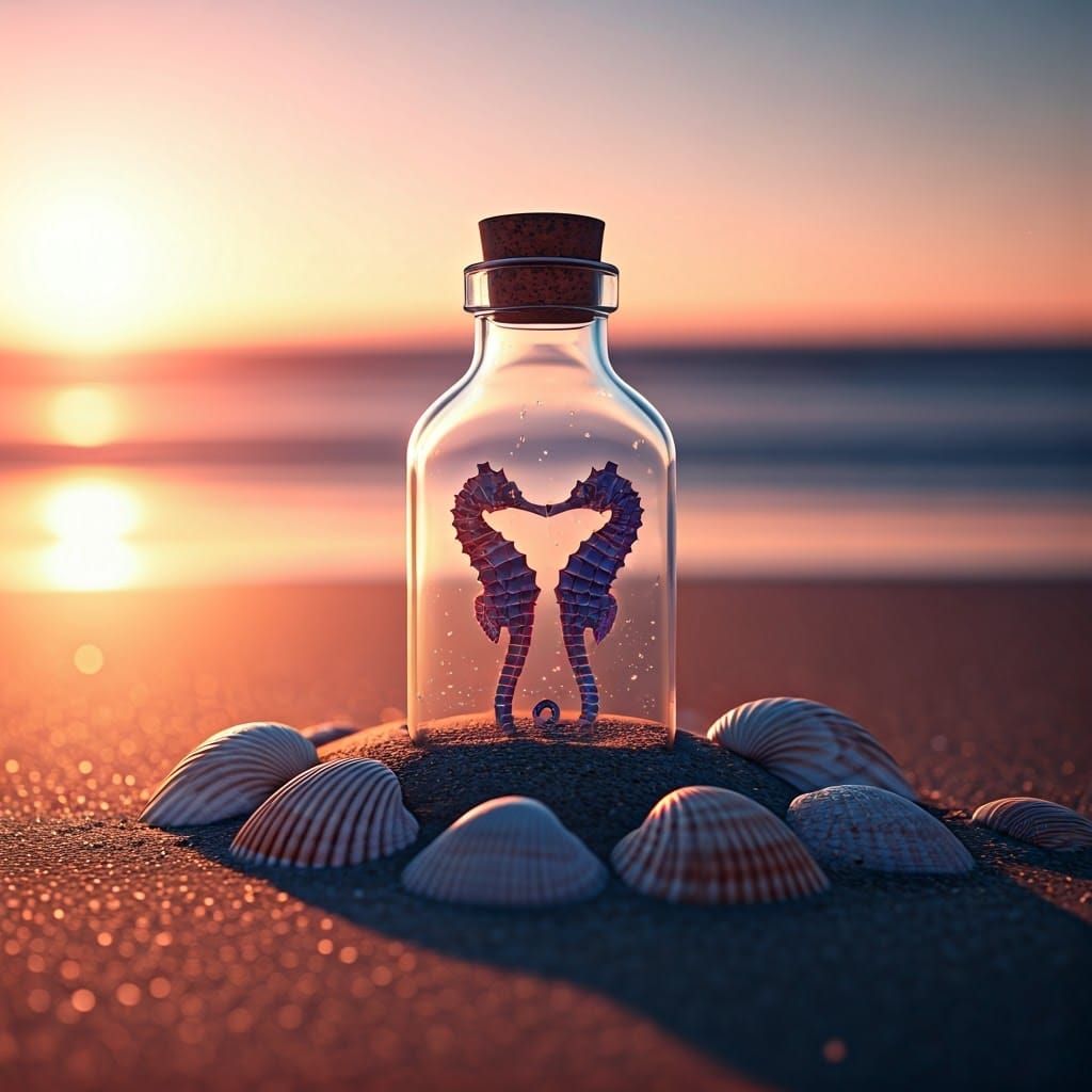 Surreal Sunrise Beach Scene with Glowing Glass Bottle and Ir...