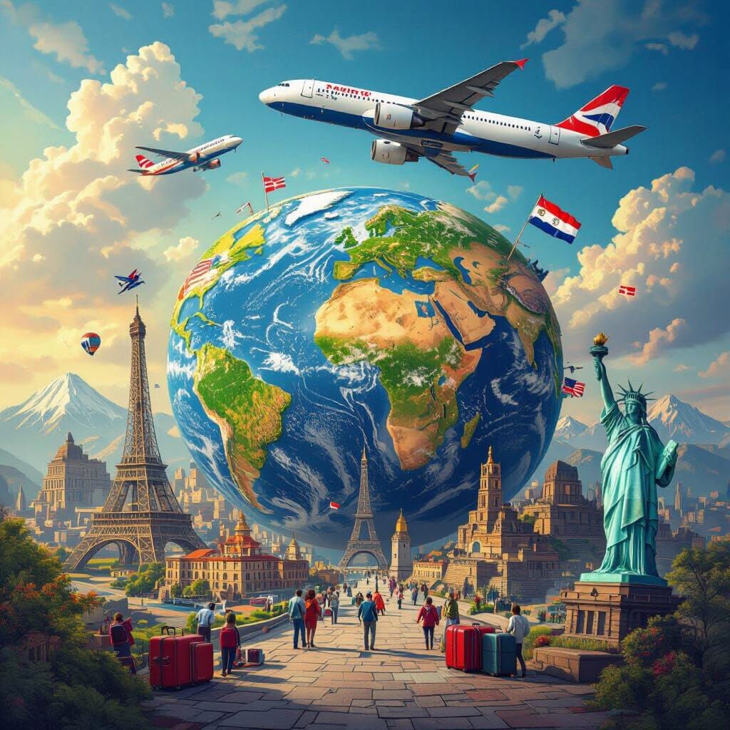 Global Travel Montage with Landmarks in Matte Painting Style
