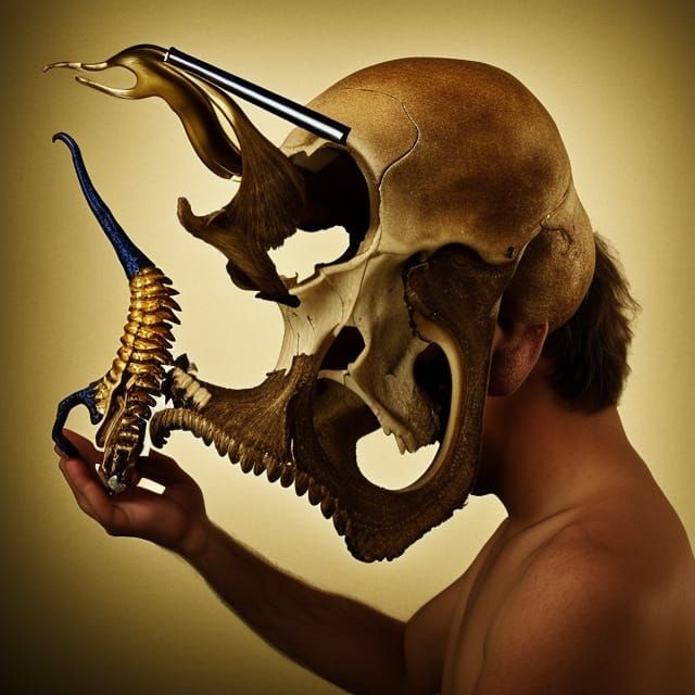 Man Using Anteater Skull as Oboe