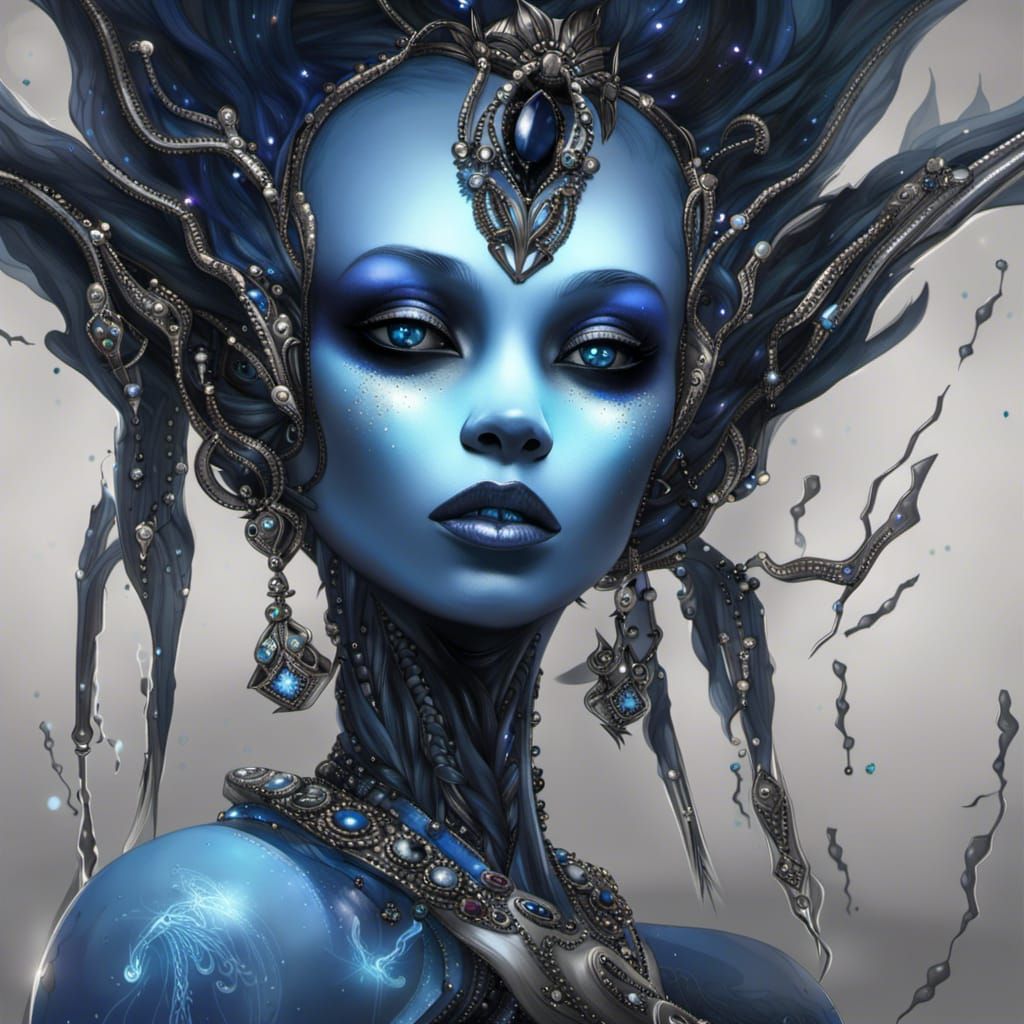 Blue Alien Princess in Royal Silks: Hyperrealistic Art