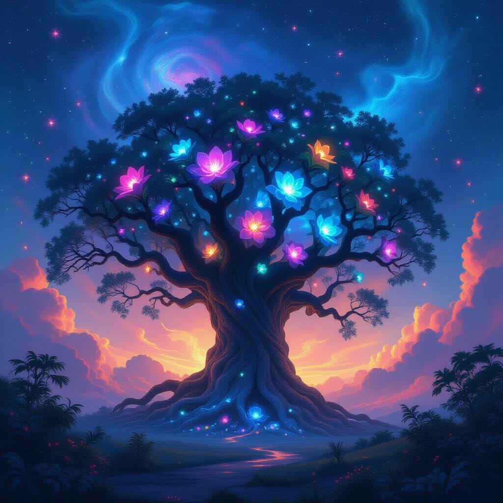 Giant Bioluminescent Tree in Cosmic Nebula