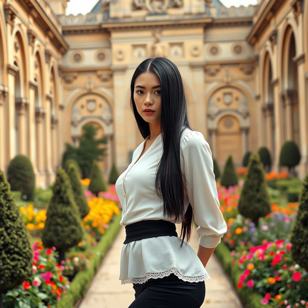 Elegant Woman in Classical Attire Amidst Lush Garden