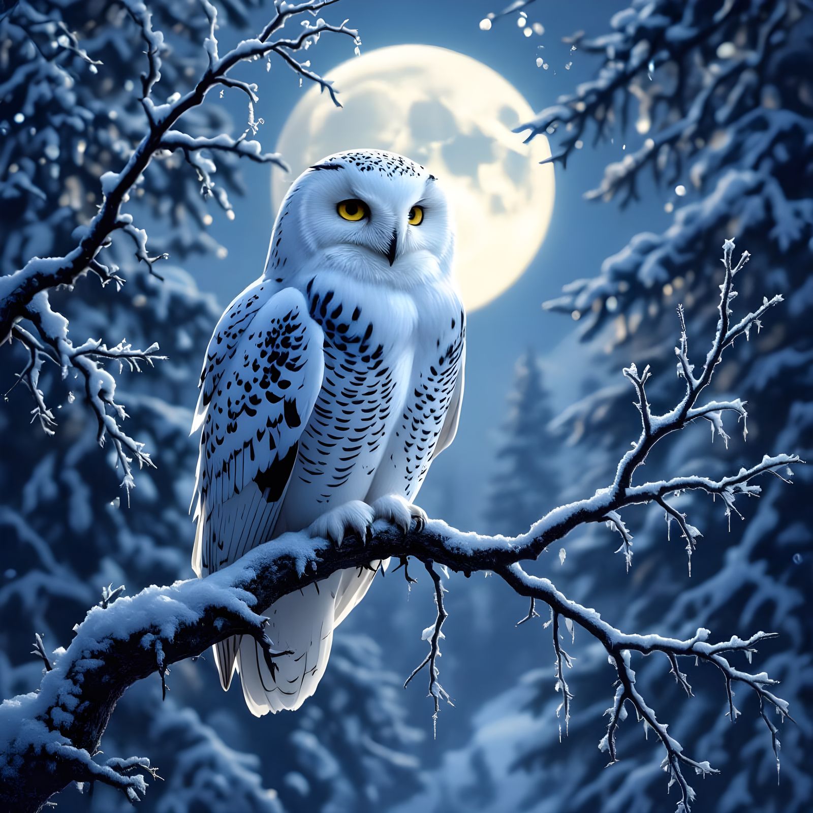 Majestic Snow Owl in Moonlit Forest