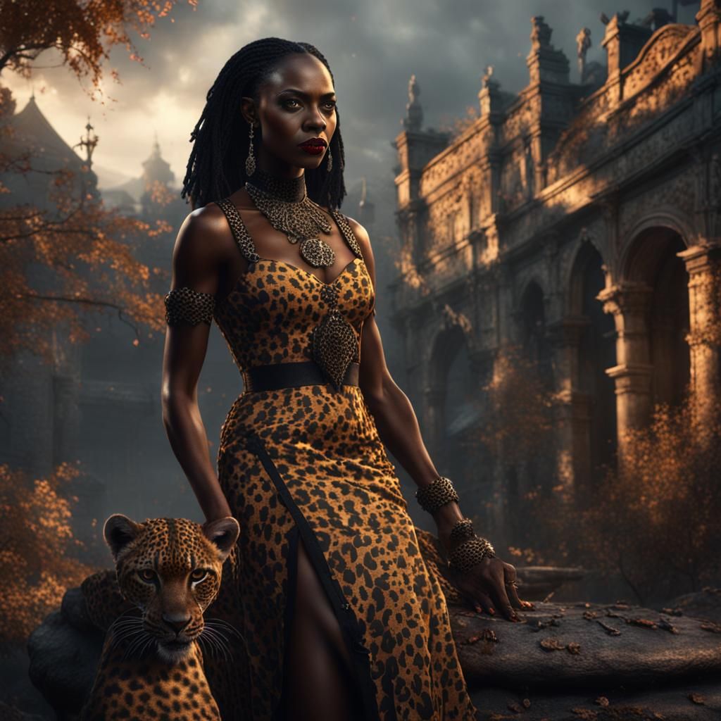 Black Female Vampire in Leopard Print Dress