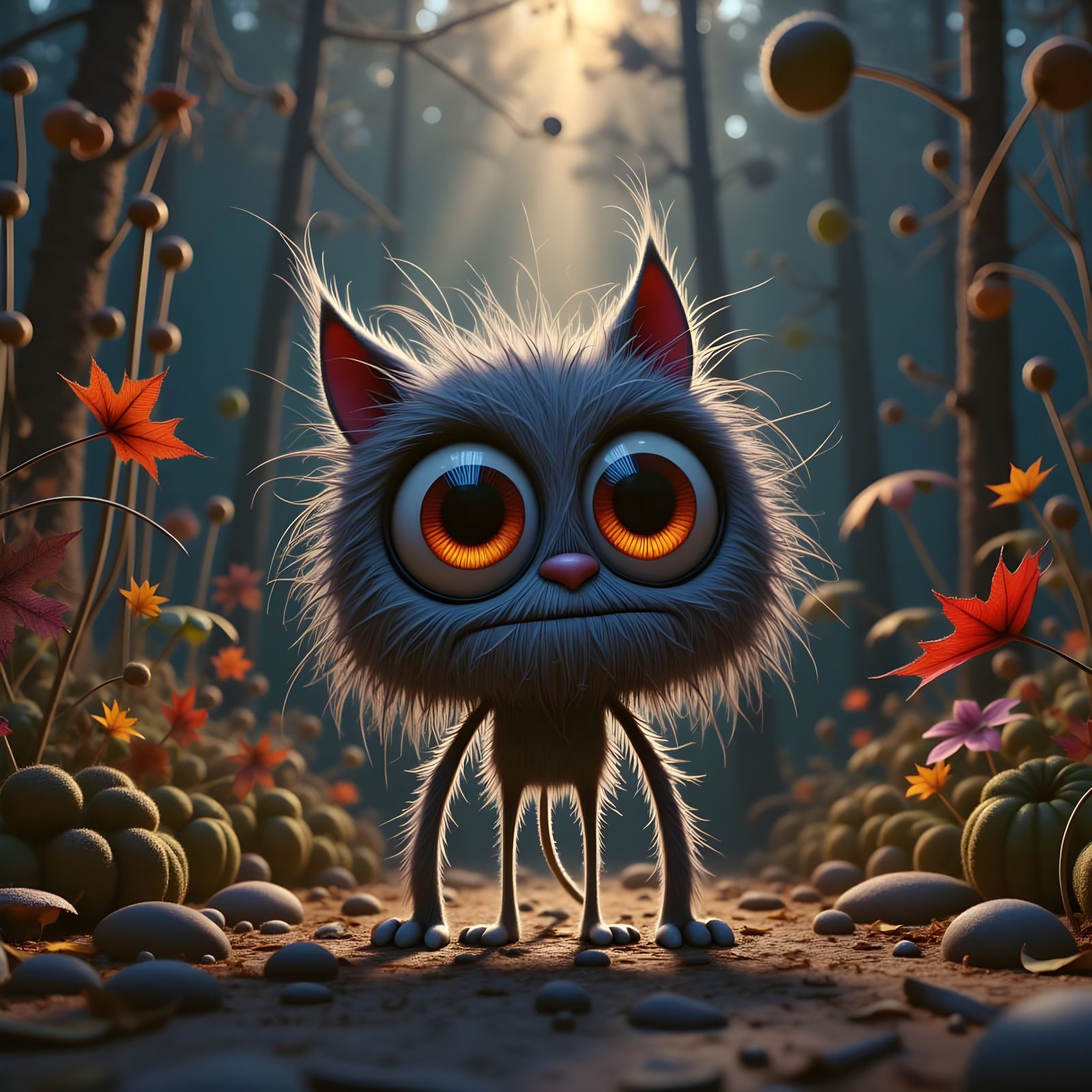 Cute Fluffy Monstrous Creature in Whimsical Style