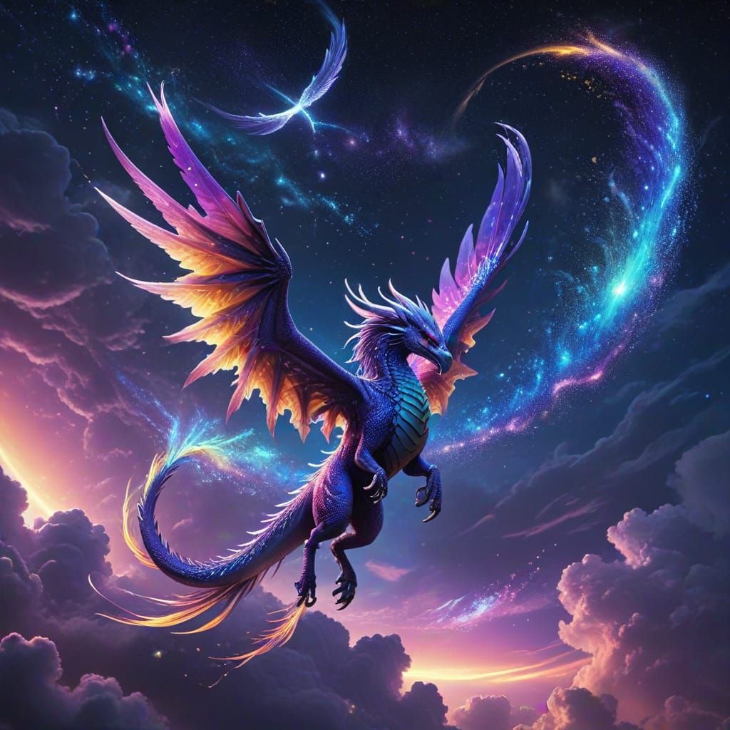 Purple Dragon and Rainbow Phoenix in Sparkling Sky