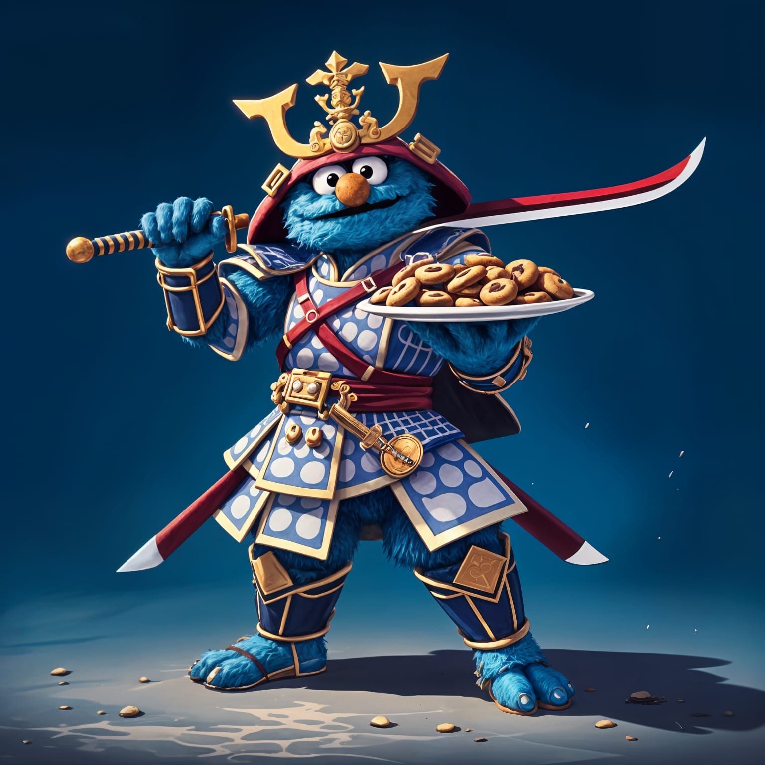 Cookie Monster Samurai in Epic Anime Style