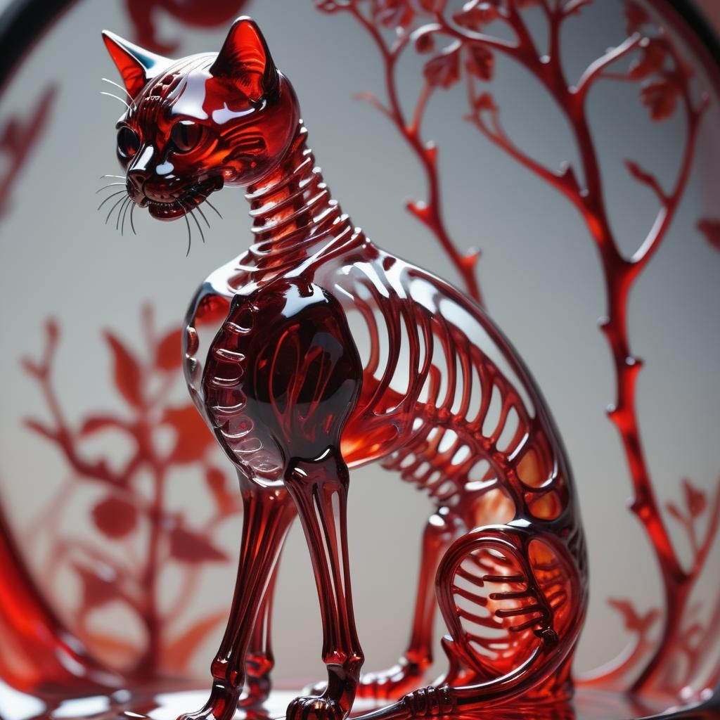 Enameled Glass Cat Skeleton in Crimson Hues