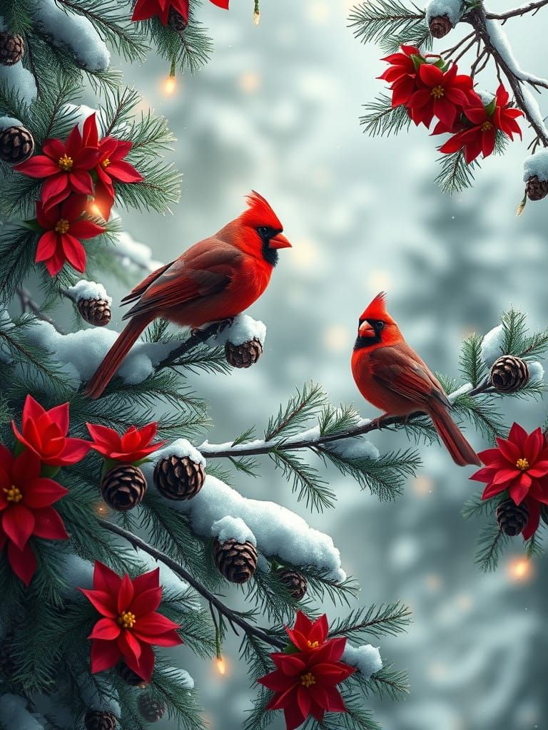 Christmas Forest Scene with Vibrant Red Cardinals