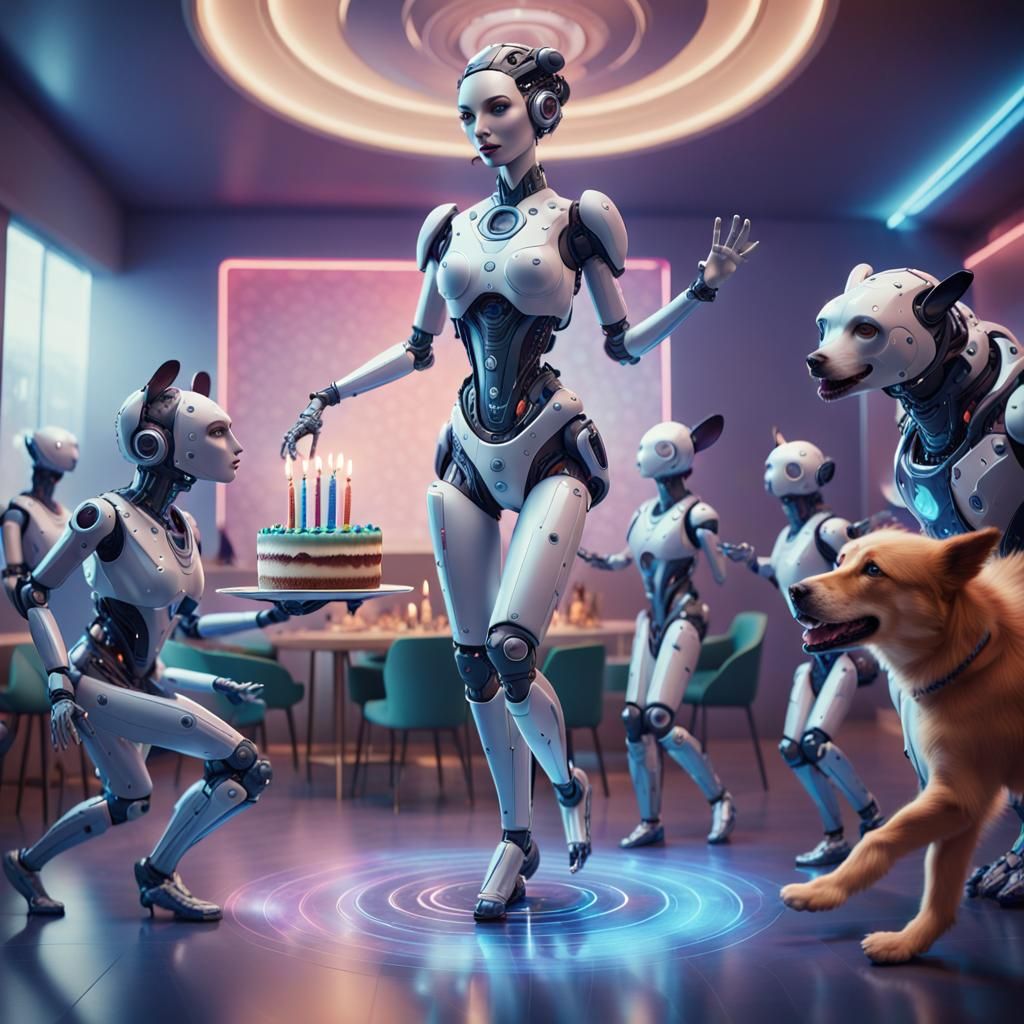 Humanoid AI Woman Dancing with Pet in Futuristic Setting