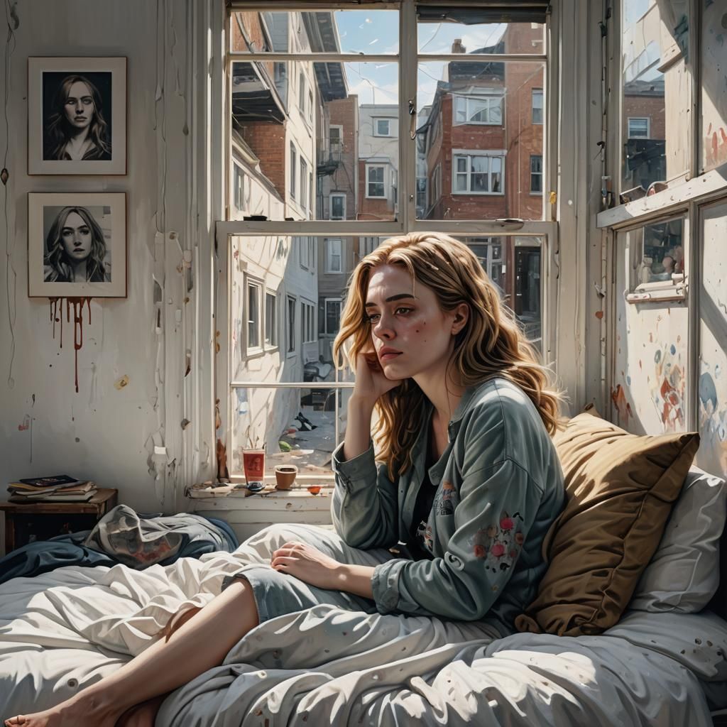 Sad Girl by Window: Hyperrealistic Splash Art