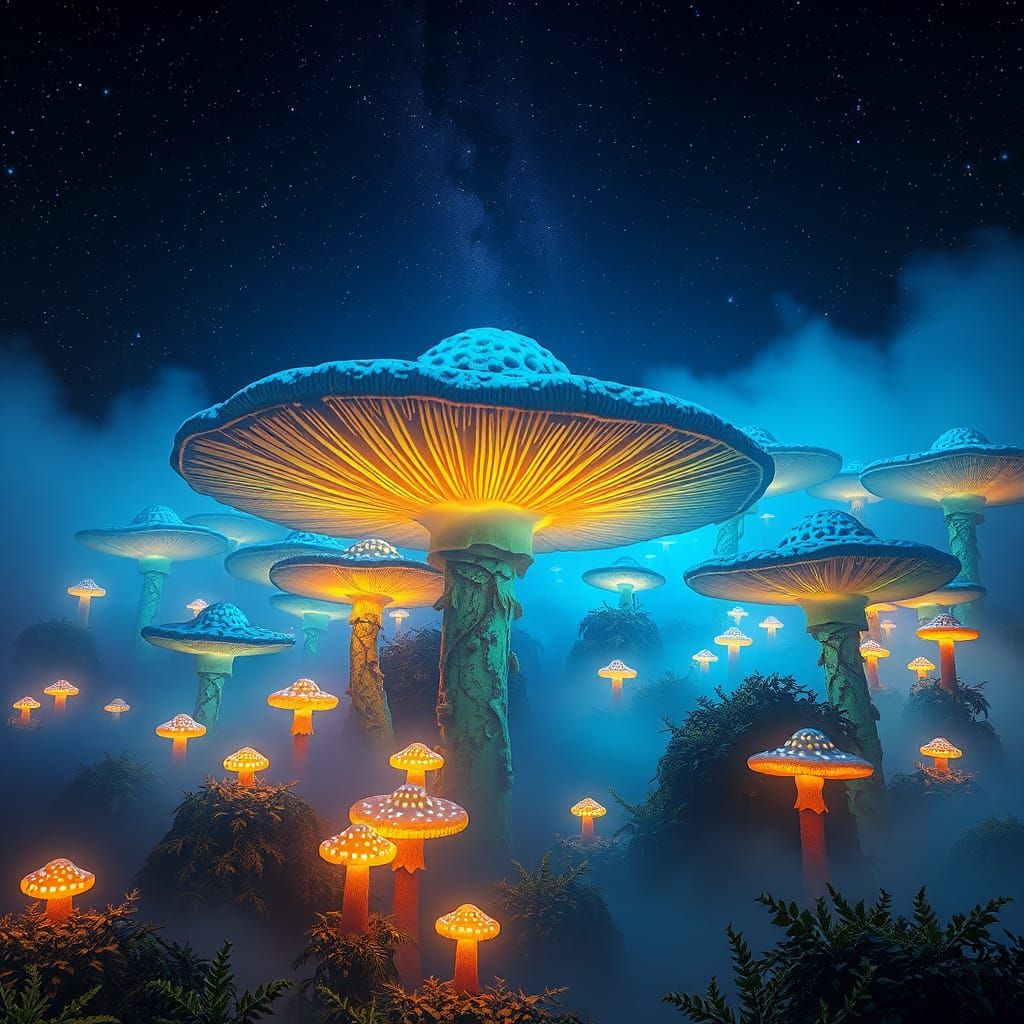 Neon Mushroom Forest Under Starry Sky