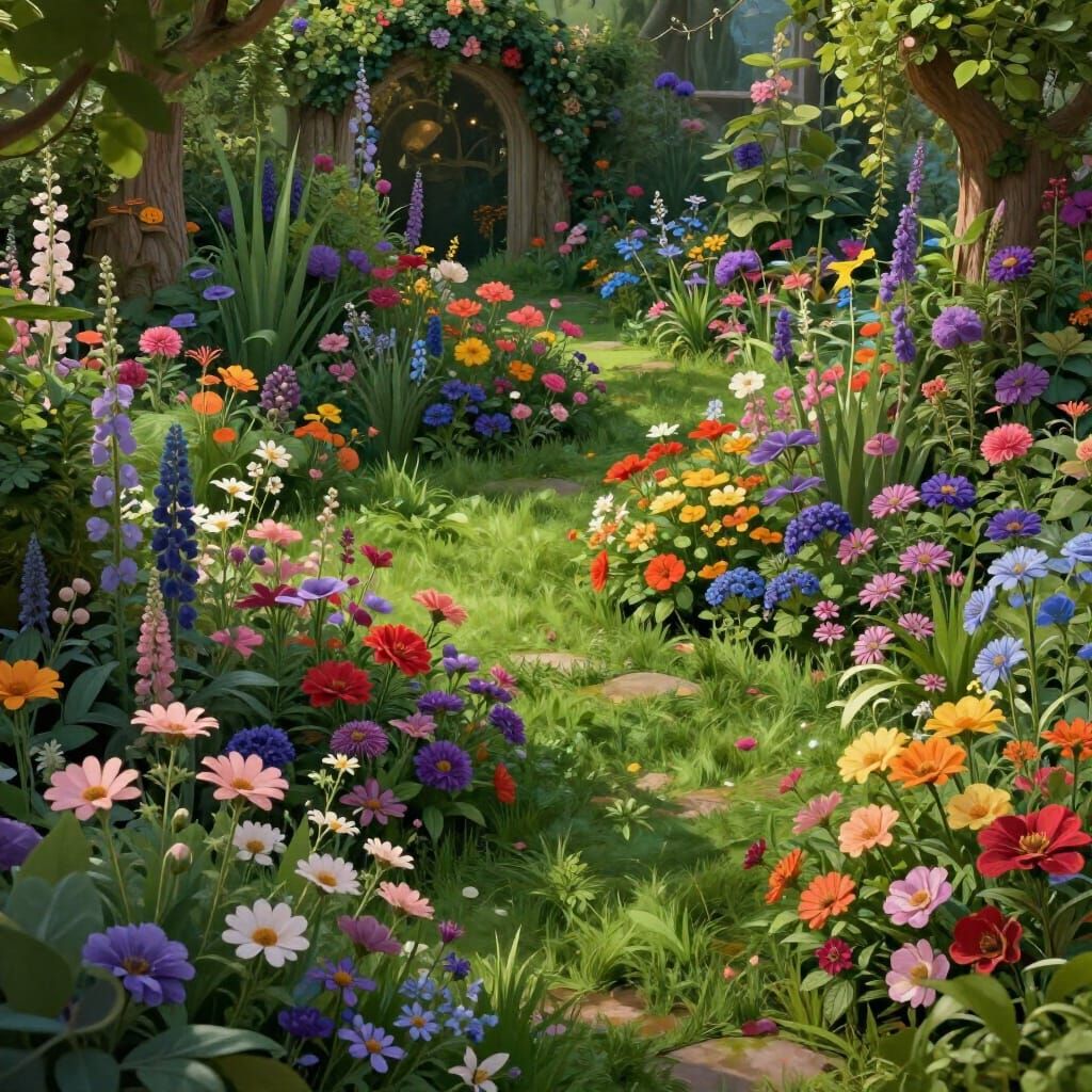 Enchanting Fairy Tale Garden of Lush Greenery and Vibrant Fl...