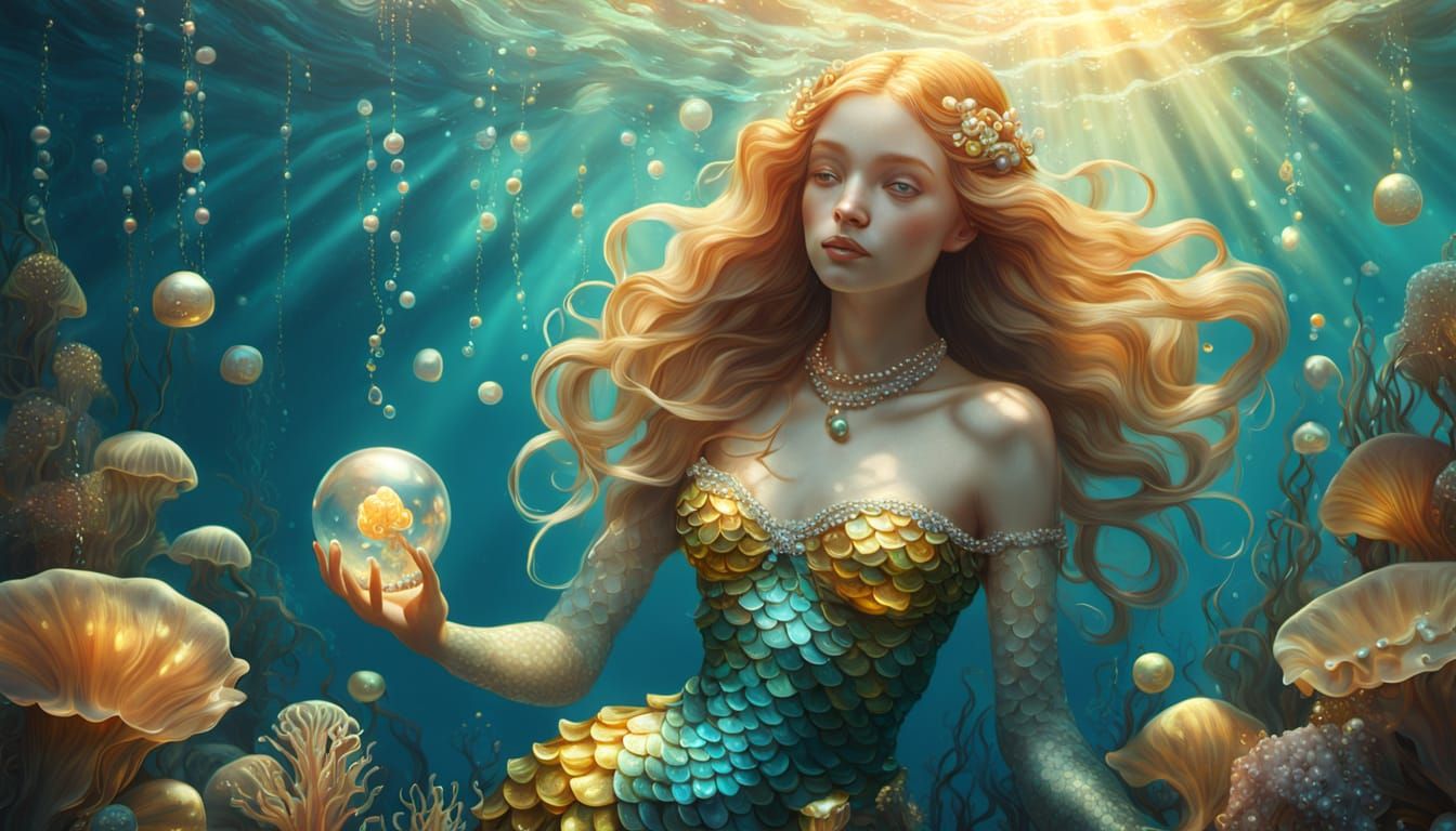 Surreal Underwater Scene with Mermaid and Pearls in Vibrant ...