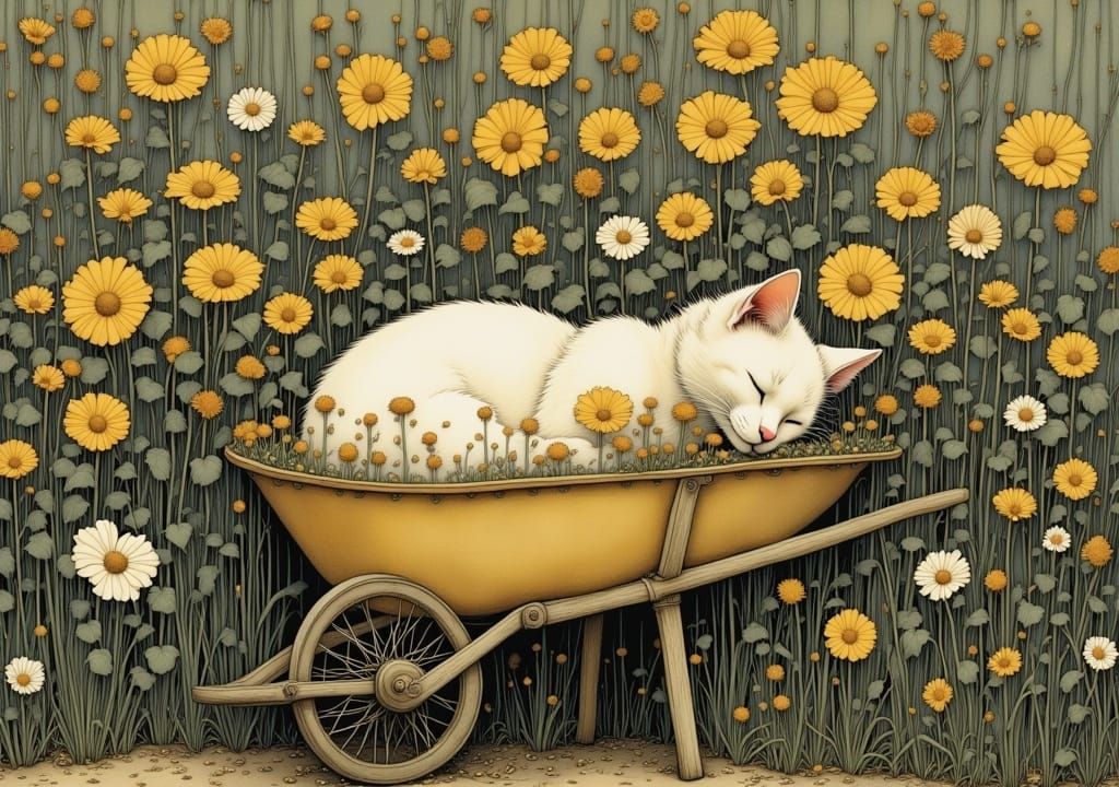 Cat Napping in Flowers: Decorative Art Style