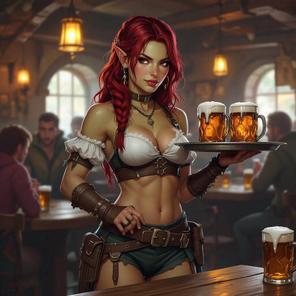 Half-Orc Barbarian Waitress in Lively Tavern