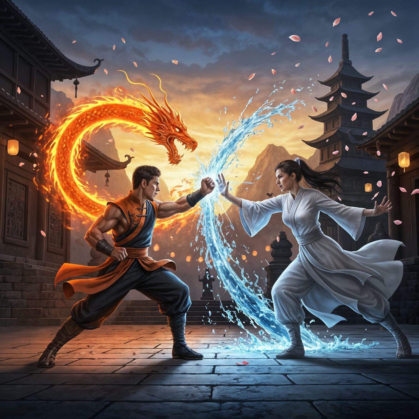 Martial Arts Duel: Fire Dragon vs Water Vortex