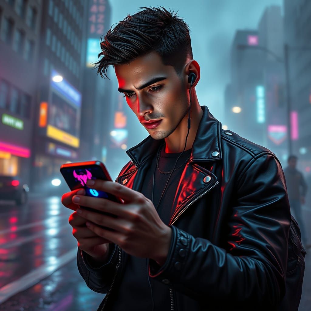 Mysterious Man Lost in Music and Cityscape at Dusk