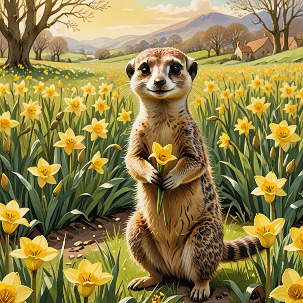Whimsical Meercat in Daffodil Field, Inspired by Watercolor ...