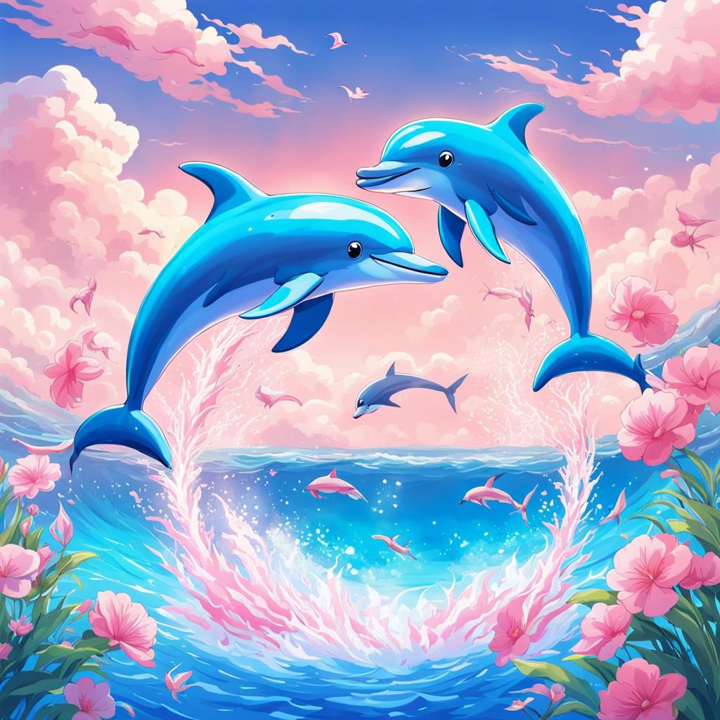 Two Cute Dolphins in Anime Style